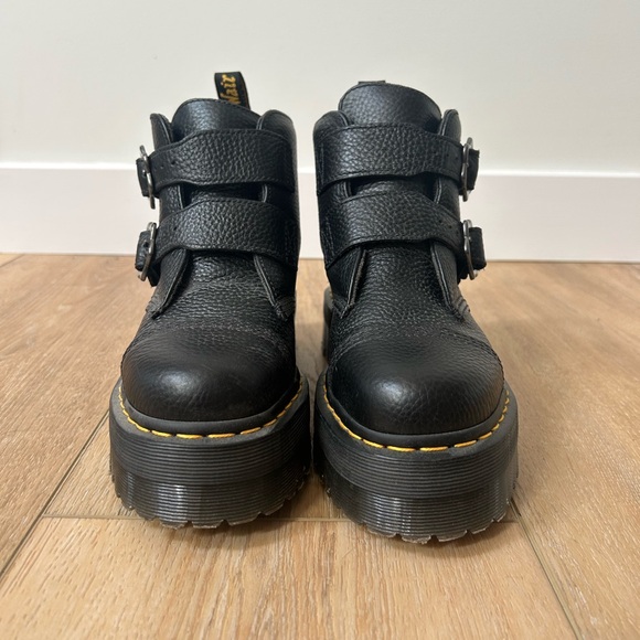 Dr. Martens Black Leather Platform Ankle Boots with Floral Buckle Straps - Picture 3 of 3